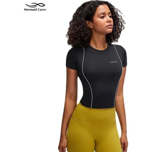 Women Running T-Shirts Short sleeve Quick Dry Compression Sport Top Fitness Gym Shirts Shirts White Stripe Breast Pad Sportswear