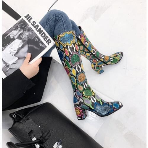 Ochanmeb Large Oversize 47 48 Long Boots Women Snake Skin Knee High Boots Woman High Block Heels Zipper Snake Print Booties Shoe