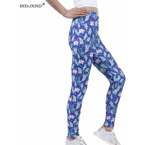 INDJXND Womens Pants Fitness Leggings Sapphire Green Leaf Printed High Waist Running Gym Sport Jogging Ankle-Length Trousers