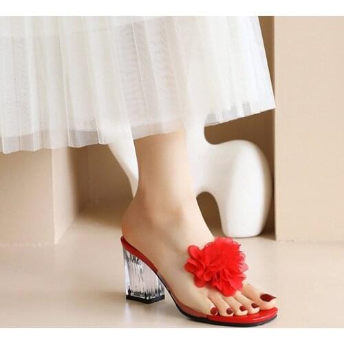 Womens Peep Toe Flowers Clear Transparent Crystal Block High Heel Slippers Sides Shoes Summer Plus Size 34-48 4Colors New 2022