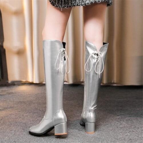 PXELENA Women Riding Knee High Boots Chunky Heels Gold Silver Knight Military Long Boots Autumn Winter Shoes Large Size
