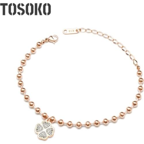 TOSOKO Stainless Steel Fashion Clover With Steel Ball Bracelet And Zircon Inlaid Jewelry For Women BSE074