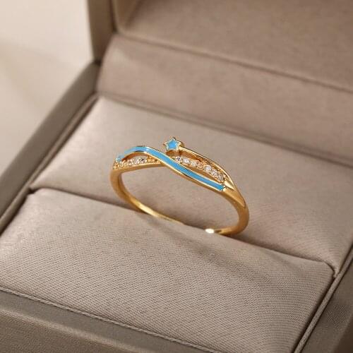 Zircon Blue Stars Waves Open Rings For Women Stainless Steel Gold Adjustable Finger Ring Wedding Boho Jewelry Accessoires Gift