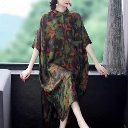 Women Loose 5XL Plus Size Mulberry Silk Shirt Dress 2021 Spring Vintage Print Casual Midi Dresses Elegant Bodycon Party Vestidos