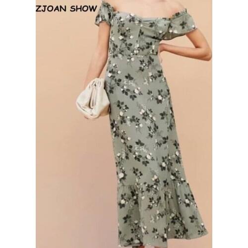 2021 Summer France Style Vintage Women Sexy Flower Print Off the shoulder Dress Short sleeve Ruffles Hem Midi Long Dress Holiday