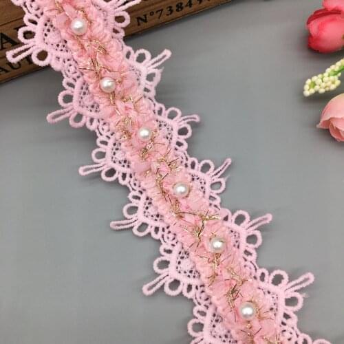 1 Yard Pink Cotton Pearl Beaded Gold Thread Lace Trim Ribbon Applique Sewing Craft Crochet Fabric Trimmings Vintage Wedding