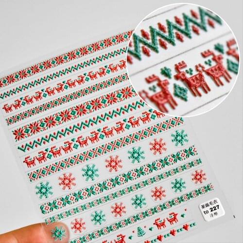 1 Pc 3D Embossed Christmas Winter Elk Sweater Nail Stickers White Red Green Snowflake Water Slide Nail Art Decals Manicure MJ17