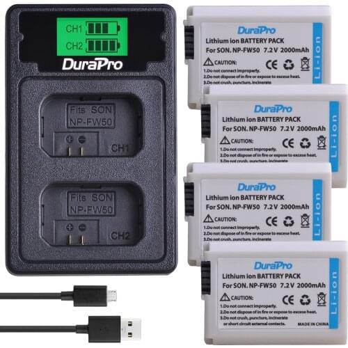 4x 2000mAh 7.2V NP-FW50 NP FW50 Rechargeable Battery Charger Pack For Sony A6000 NEX-7 NEX 5N F3 3D 3DW 3K 5C Alpha 7R II Camera