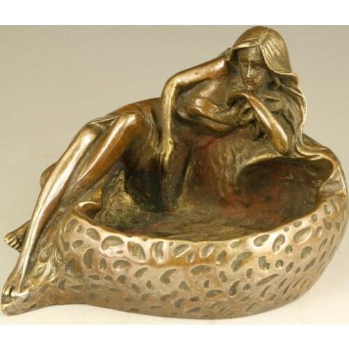 Antique Asian chinese old bronze ashtray lovely woman statue pot