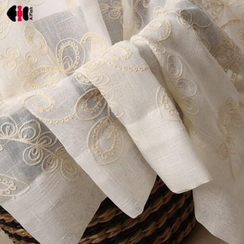 Floral Towel Embroidered Sheer Curtain for Living Room Countrysi Style Delicate Cotton Linen French Window Drapes WP046C