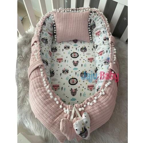Jaju Baby Special Handmade Powder Knit Fabric and Muslin Fabric Pompon Babynest