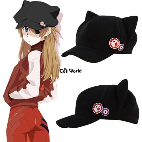 Eva Shikinami Asuka Rangure Cat Ear Polar Fleece Hat Peak Cap Baseball Cap Anime Cosplay Accessories Cosplay Black Cat Ear Hat