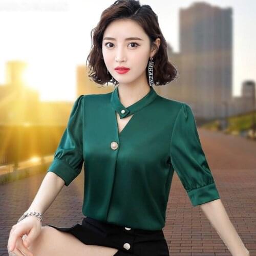 Casual Stand Collar Chiffon Blusas Women Short Sleeve Spring Summer Style Chiffon Blouses Shirts LadyTops