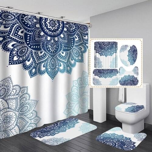 4 Pcs Bohemian Bathroom Shower Curtain Set Bathroom Accessories Toilet Carpet Non-slip Modern Style Bathroom Rugs Mat