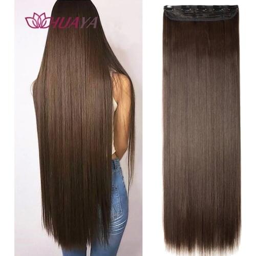 HUAYA Long Straight 5 Clip in Hair Extensions 24 Inch Heat Resistant Synthetic Hair Piece Black Brown False Hair With Hairpins