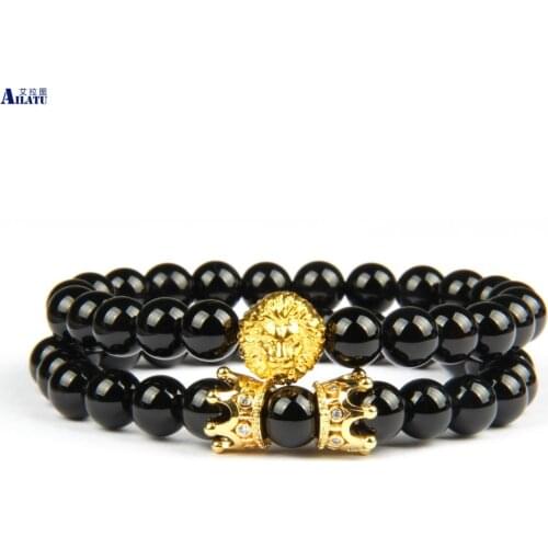 New Sets Lion Head Cz Crown Beaded Bracelets 8mm Natural Black Onyx Stone Beads Men Jewelry Drop Shipping
