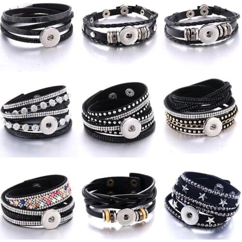 New Black Leather Snap Bracelet for Women Rhinestone Multilayer Leather Bracelet Diy 18mm Snap Button Jewelry Accessories Gift