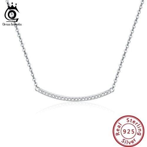 ORSA JEWELS Genuine 925 Silver Neck Chain with 35mm Long Bar Horizontal Pendant Necklaces with 4A Zircon Woman Jewelry OSN238