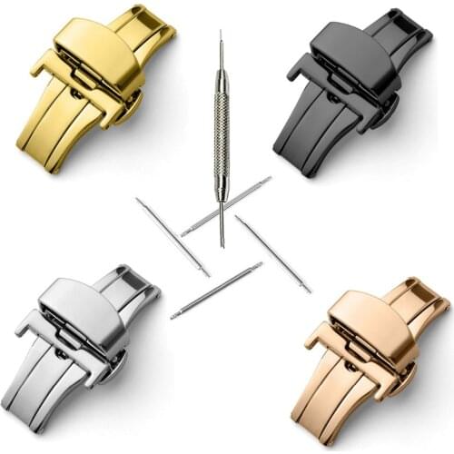 T02 316L Semi Automatic Double Click Butterfly Buckle Watch Push Button Fold Deployment Clasp Silver Watchband Strap 12-24mm