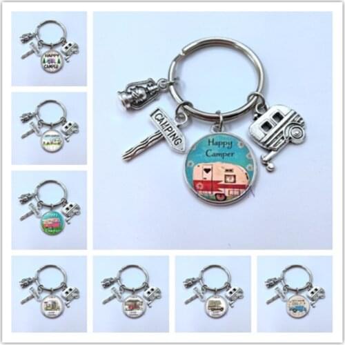 Happy camping cute car travel I camp camper road sign glass cabochon key chain traveler key chain goddess charm wholesale