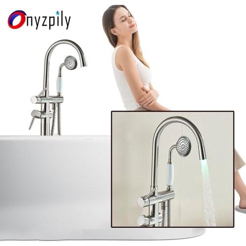Onyzpily Brushed Bathtub Floor Stand Faucet Ceramic Handle Shower High Chassis Mixer Single Handle Mixer Tap 360 Rotation Spout