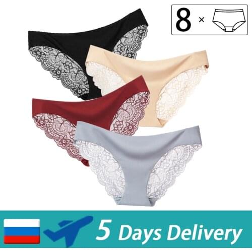 8pcs/lot Women Lace Panties Seamless Briefs Ice Silk Underwear Sexy Thong Ultra-thin Lingerie Transparent Underpants Pants #F