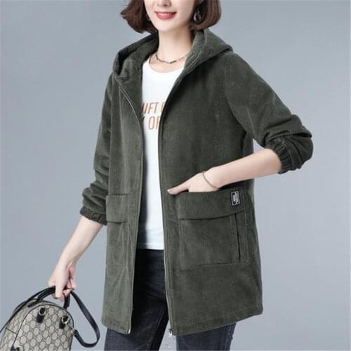 Corduroy Jacket For Women 2020 Autumn New Korean Plus Size 5XL Casual Hooded Middle-aged Mother Windbreaker Coat With Lined 2189