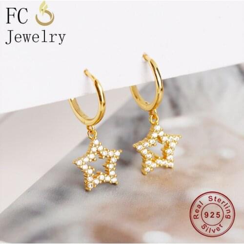 FC Jewelry 925 Silver Korean Gold Color Star Iced Out Zirconia Bead Pendant Ear Piercing Hoop Earring For Women Kid 2020 Fashion