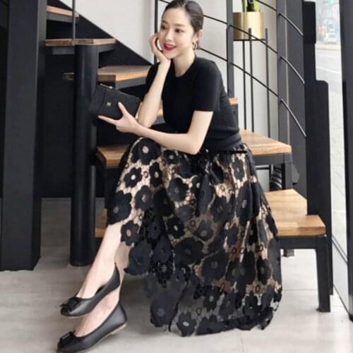 2020 Spring Summer New Pattern High Waist Solid Patchwork Lace Embroidered Print Mesh Long Loose High Street Skirt Women WF290