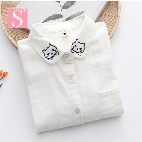 STVY Shirt Womens Long Sleeve Turn-down Collar Cat Embroidered 2021 New Spring Autumn White Casual Shirt Women