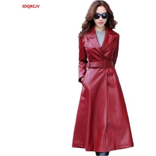Women Winter Thick Long Leather Coat Long Sleeve Waist Strap Pocket Female Jacket Plus Cotton Womens Pu Leather Jacket W1432