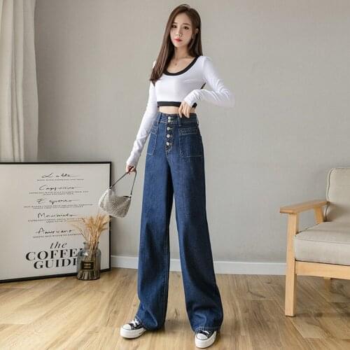 FNOCE 2020 new womens jeans pants fashion trends casual street solid high waist loose youth denim full Straight pants