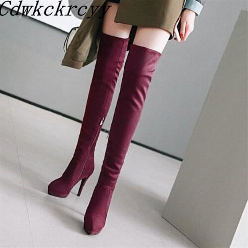 Winter New pattern fashion Round head black sexy Over knee Elastic force Thin leg Boots Fine heel Add wool Keep warm Women Boots