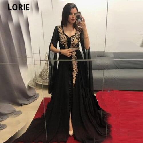 LORIE Long Sleeve Black Caftan Evening Dresses V-Neck Lace Beads Moroccan Kaftan Pageant Gowns Formal Prom Party Dress 2020