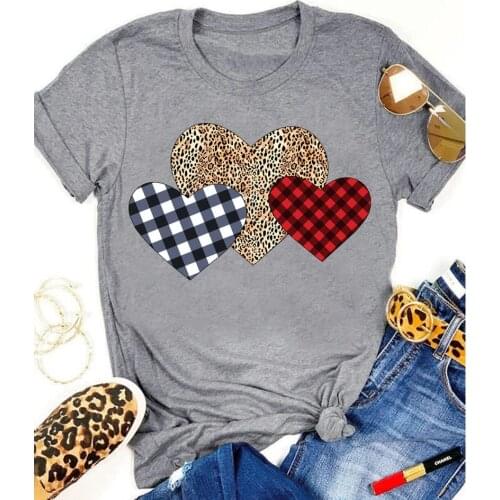 Plaid Leopard Heart Colored Print T-shirt Cute Valentines Day Gift Tshirt For Girlfriend Women Valentines Love Graphic Tee Top