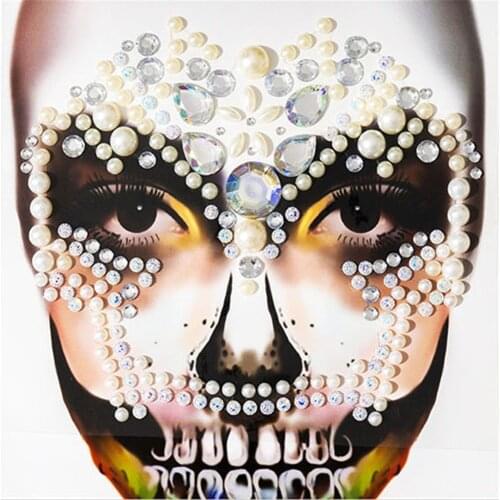 Halloween Face Fake Tattoo Art Jewelry with Gem Skull Teeth Sticker for Carnival Makeup Body Art Party Halloween Decor
