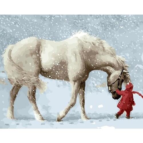 Painting By Numbers DIY Dropshipping 40x50 50x65cm White Horse In Snow Animal Canvas Wedding Decoration Art picture Gift
