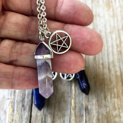 Pentagram and Crystal Necklace, Pentacle, Wiccan Jewelry, Pagan Jewellery, Opalite Moonstone Crystal, Spiritual Choker Necklaces