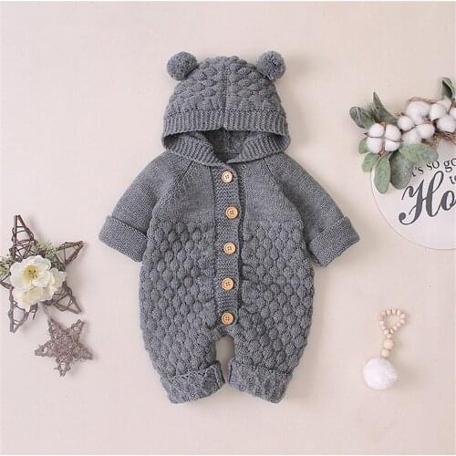 Pudcoco Autumn Newborn Baby Boy Girl Clothes Knitting Cotton Button Solid Color Hooded Romper Jumpsuit One-Piece Outfit Sweater