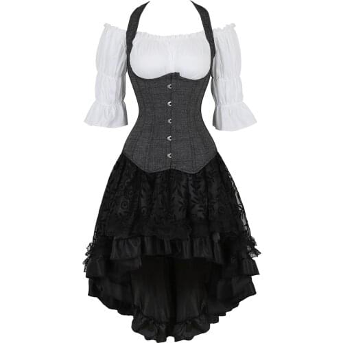 Corset 3 Piece Outfits for Women Steampunk Denim Straps Bustiers with Skirt and White Blouse Set Carnival Party Club Night