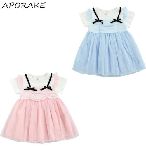 2021 6-55M Summer Breathable Baby Girls Dress Children False Two Pieces Bow Decoration Mesh Splicing Short Sleeve Princess Dress