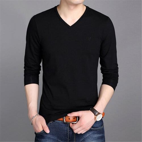 Mens 100% Cotton Long Sleeve Shirt Casual Slim Fashion V-neck T-Shirt
