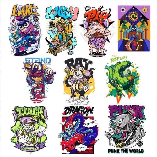 Hip hop graffiti punk Patches Print On T-shirt A-level Washable Iron On Transfer Chinese dragon Skull Thermal Patches Decor