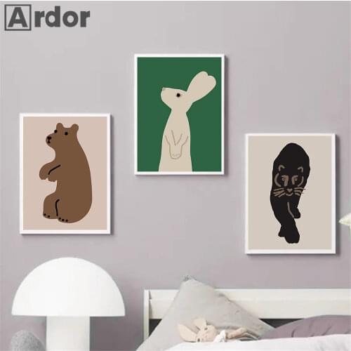Nordic Baby Rabbit Raccoon Cat Hedgehog Elephant Animal Poster Abstract Wall Art Painting Nursery Canvas Print Kids Room Decor