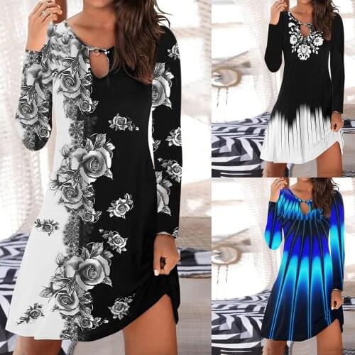 2021 Autumn winter dresses Womens Fashion Sexy Vintage O-Neck Long Sleeve Printed Round Button Dresses vestidos платье