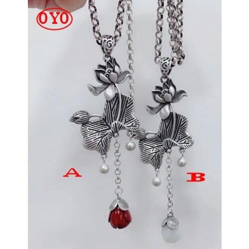 Retro Ethnic style s990 sterling silver southern red Hetian jade fish tassel lotus pendant