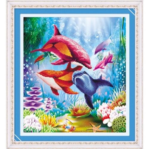 53*48cm Needlework,DMC Sets for Embroidery kits,6D Cute Sea World Fish Dolphin animal scenic pattern cross stitch DIY Painting]