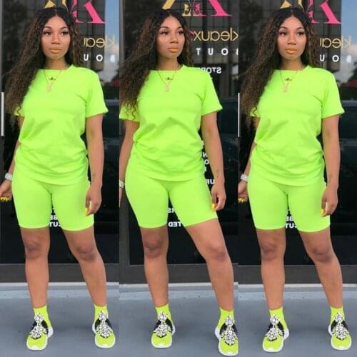 Umeko 2020 Women Fashion Two-piece Solid Color Clothing Crew Neck T-shirt and Tight-fitting Shorts Simple Style Tracksuit Outfit