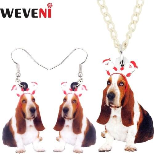 WEVENI Original Acrylic Sweet Christmas Santa Basset Hound Dog Earrings Necklace Collar Animal Jewelry Sets For Women Girls Pet