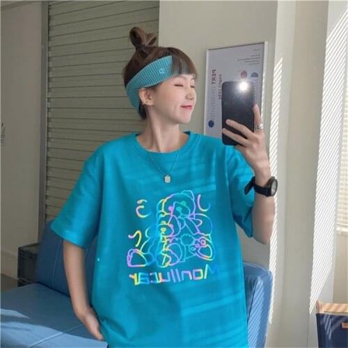 Womens T-shirts Tops Japanese Kawaii Ladies Ulzzang Lazy Loose Bear Tshirt Female Korean Cute Harajuku Clothes For Women